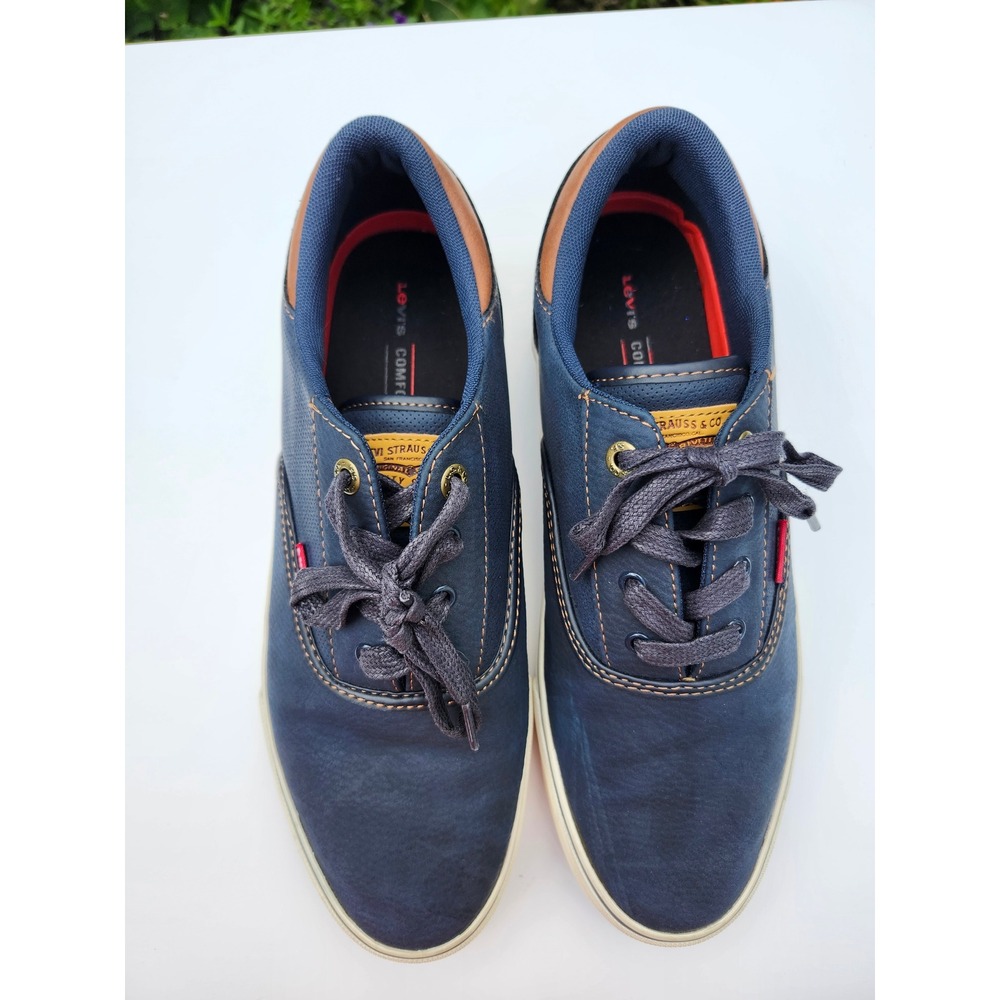 Levis Mens Navy Blue Casual Sneakers Low Top Shoes Brown Trim Size 10